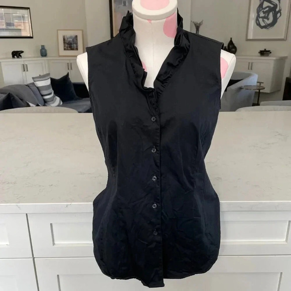 Brooks Brothers Slvless Frill Neck Button Down Cotton Fitted Blouse Black Sz 4 - Picture 8 of 8